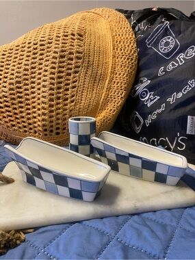 3PC. Set GOOD FORTUNE Blue & White Check SUSHI DISH & CHOPSTICK Holder